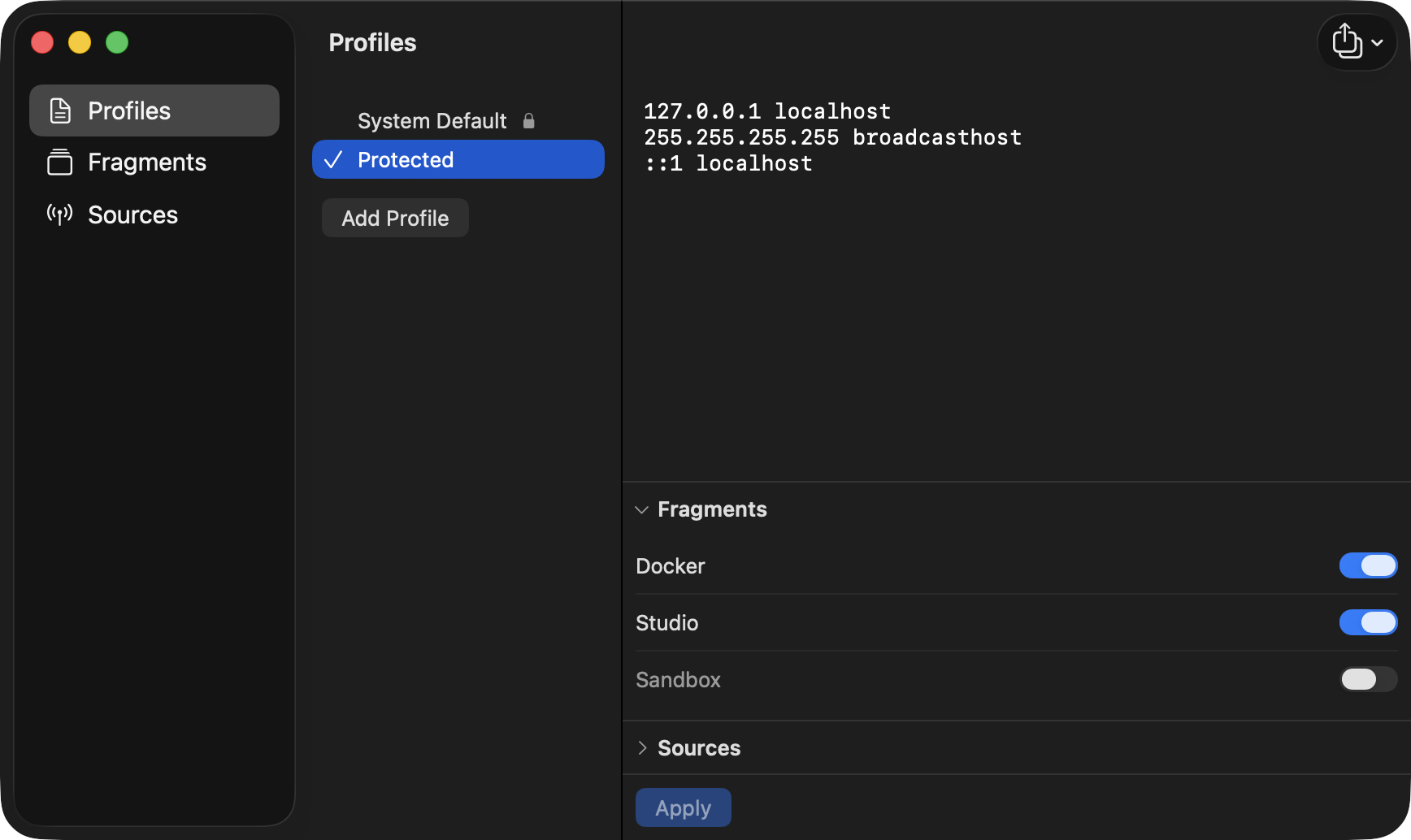 Hosts Switchr's main window — profiles in the sidebar, sources and fragments, and the editor.